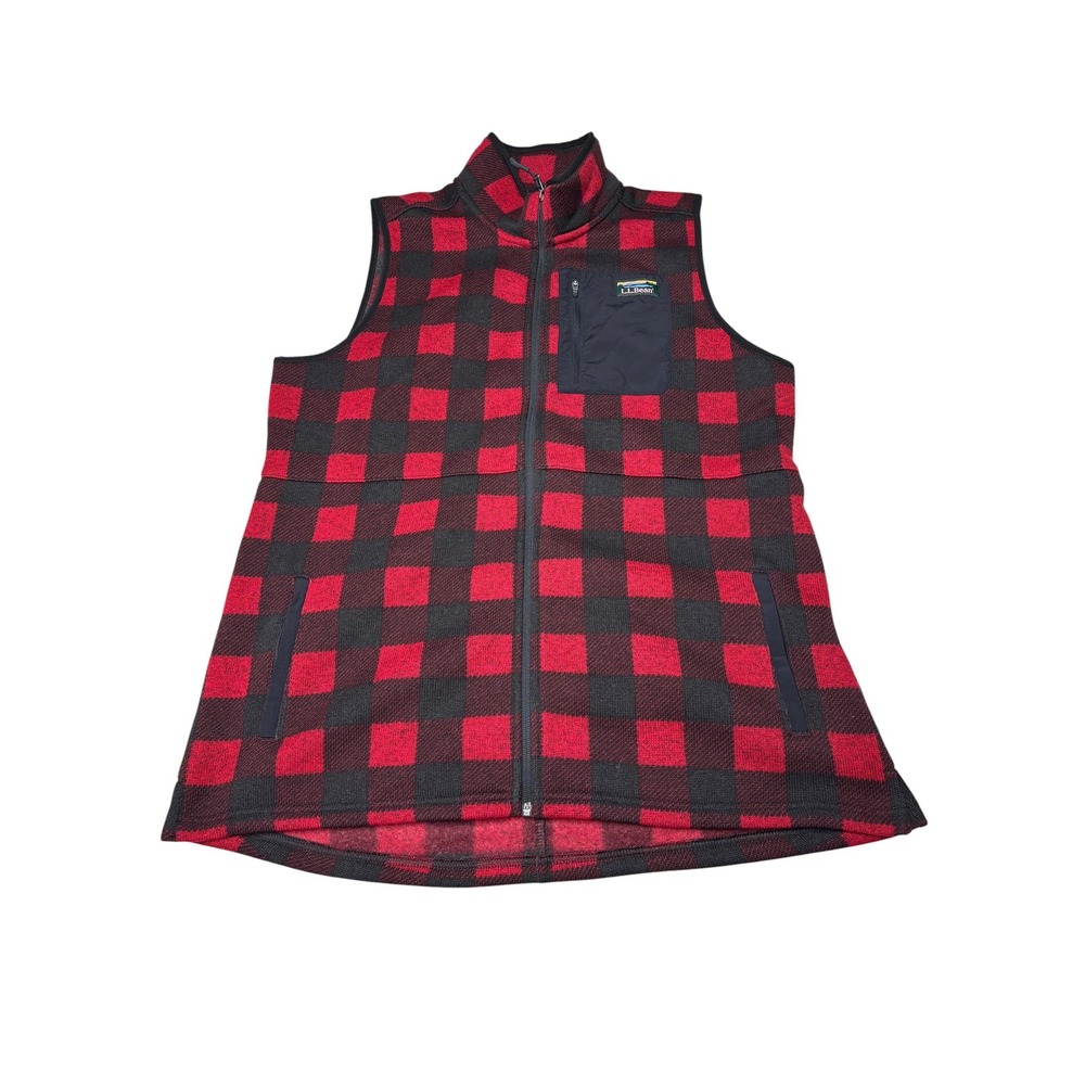 NWT LL Bean Sweater Fleece Long Vest Womens XL Red Black Buffalo Plaid Zip